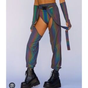 Rave Reflective Rainbow‎ Pants Only Chaps Iridescent Gray Goth Costume Party L